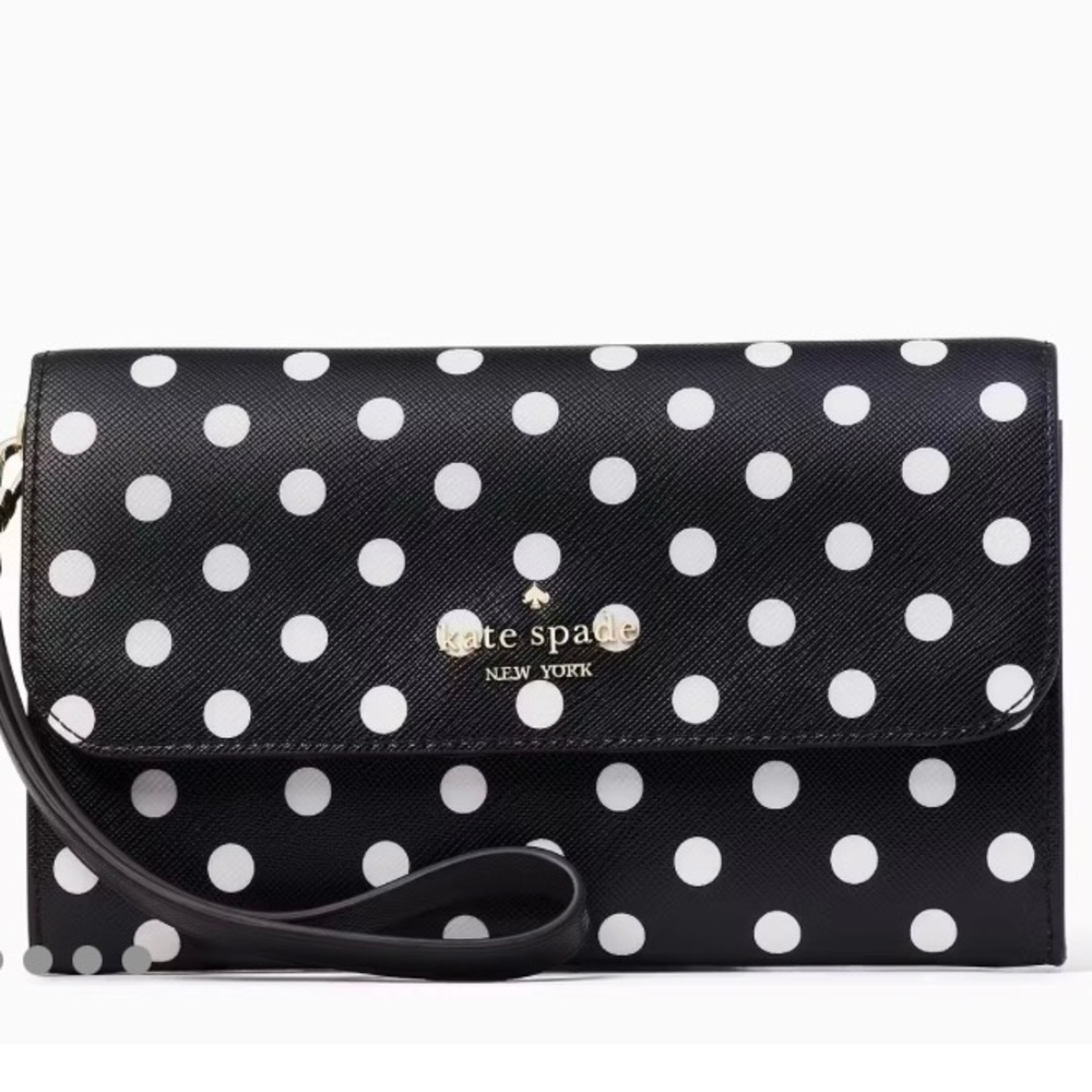 NWT KATE SPADE “Cheers” charming black/white dot medium flap phone wallet.